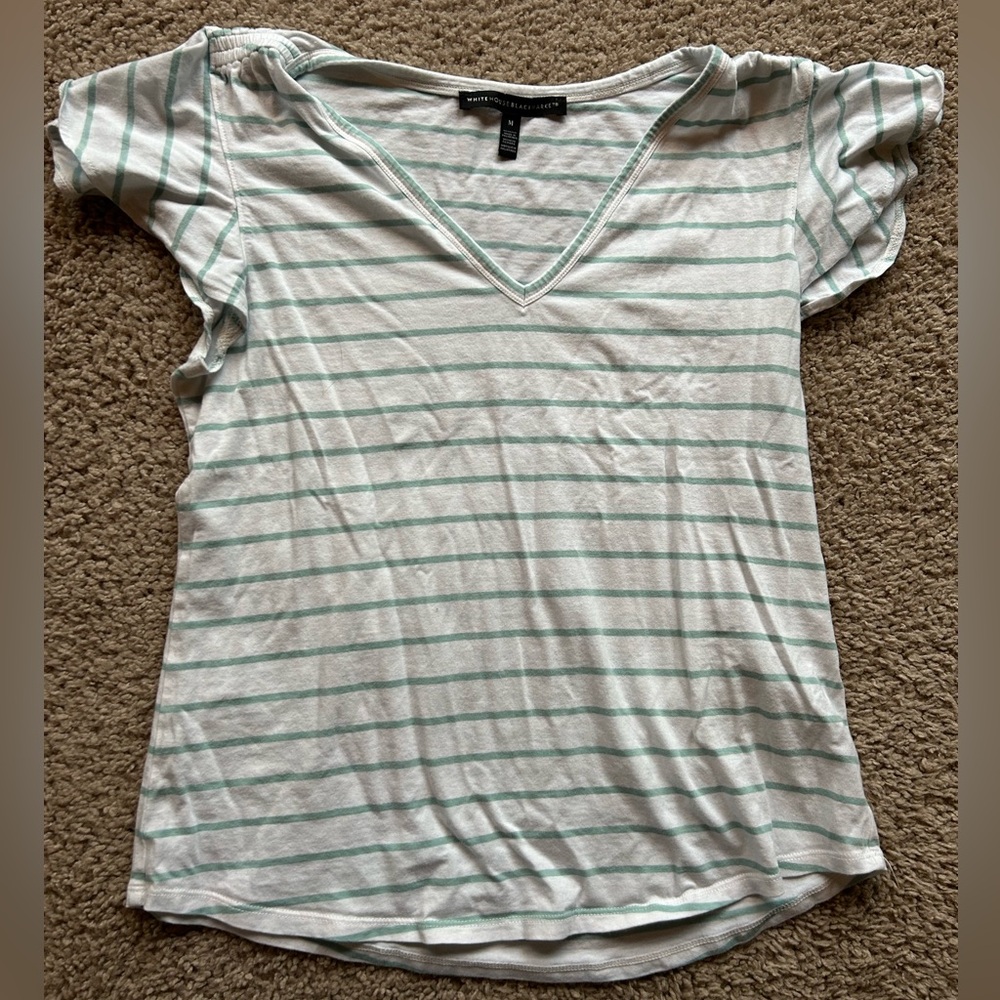 WHBM Light Green Striped V-Neck Tee